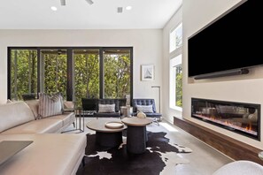 Télévision, cheminée, espaces bureaux