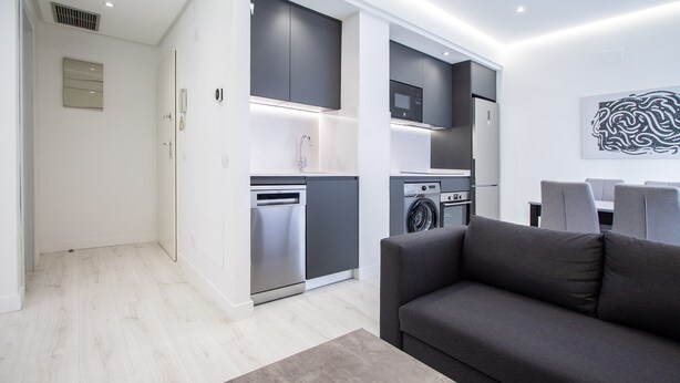 A modern apartment with a kitchenette, a washing machine, a grey sofa, and a dining area with chairs.