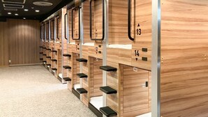 Reihe von Holzbettsteinen mit Nummern, die jedes Bett kennzeichnen, ein Teppichboden und eine Holzwand im Hintergrund.