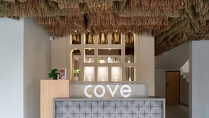 A reception desk with a 'cove' sign, a plant, and a wall with multiple small windows. - Cove Vaia (Bandung)