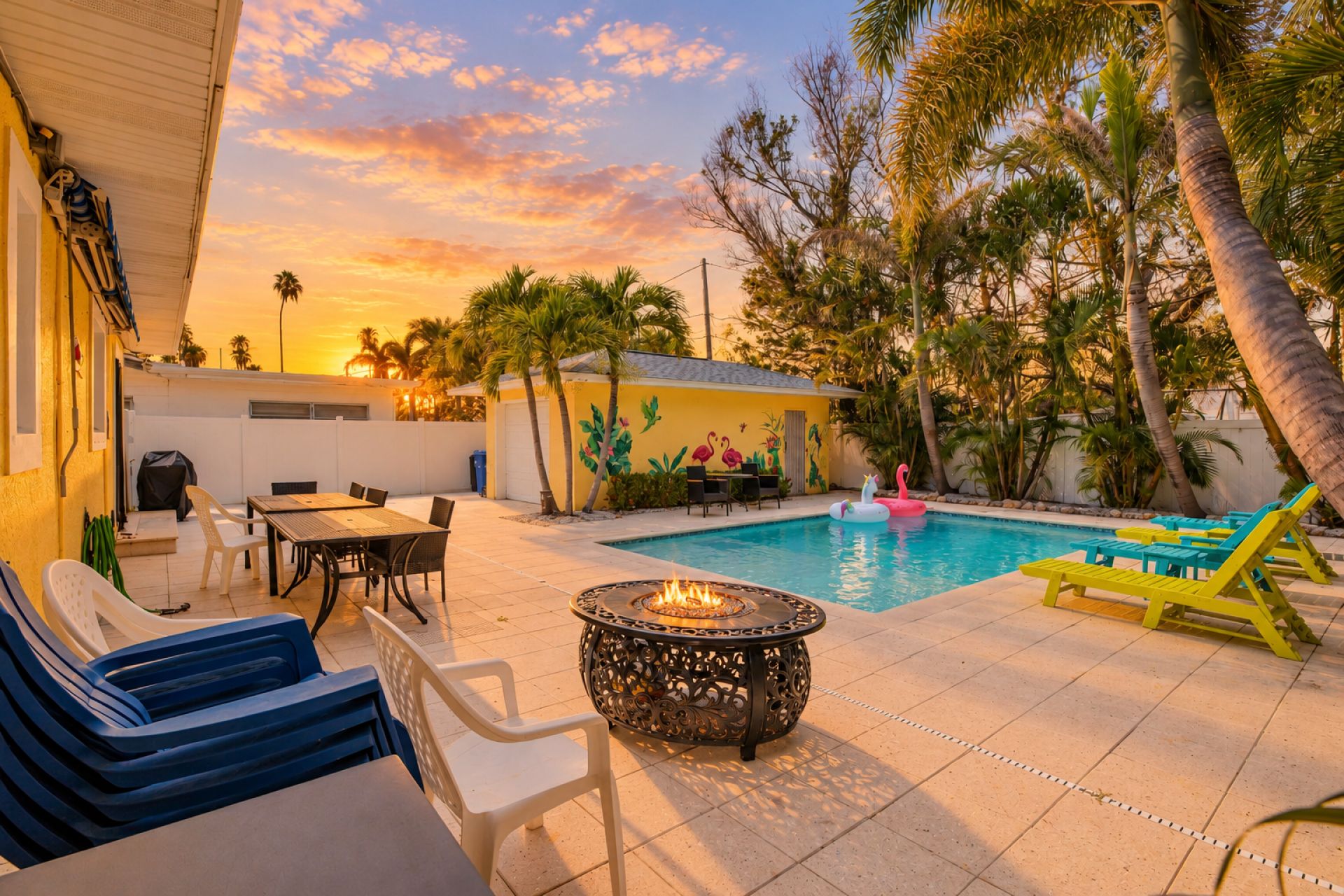 Un espace aménagé au bord de la piscine, comprenant un foyer, des chaises longues et une table à manger.