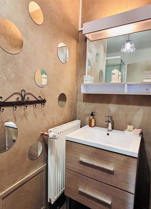 Shower, hair dryer, soap, toilet paper