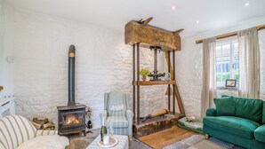 Una sala de estar acogedora con chimenea, un sofá verde, un sillón a rayas y una estantería de madera con una planta.