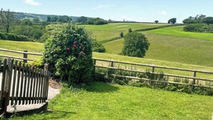 A rural landscape with rolling green fields, a wooden fence, and a bench.