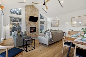 TV, fireplace, offices