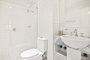 Shower, hair dryer, towels