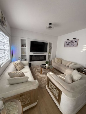 Smart TV, lareira, videogames, livros