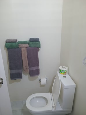 A small bathroom with a toilet, a roll of toilet paper, and a stack of folded towels on a rack.