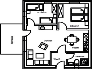 A hotel floor plan with a terrace, two bedrooms, a dining area, a living room, a kitchen, a bathroom, and a wind tunnel.