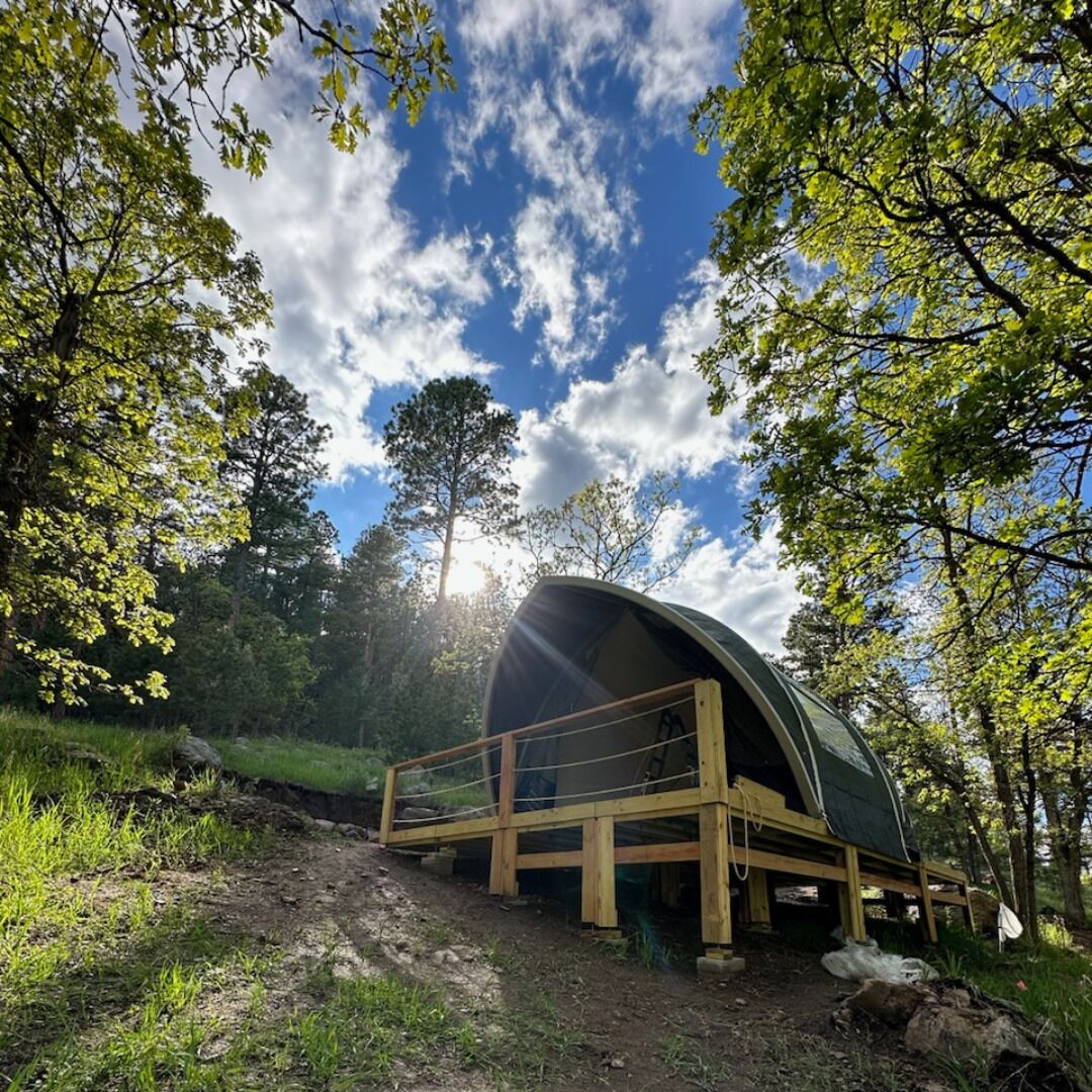 Uma tenda em forma de cúpula com estrutura de madeira e cobertura de lona, rodeada por árvores e um céu limpo.