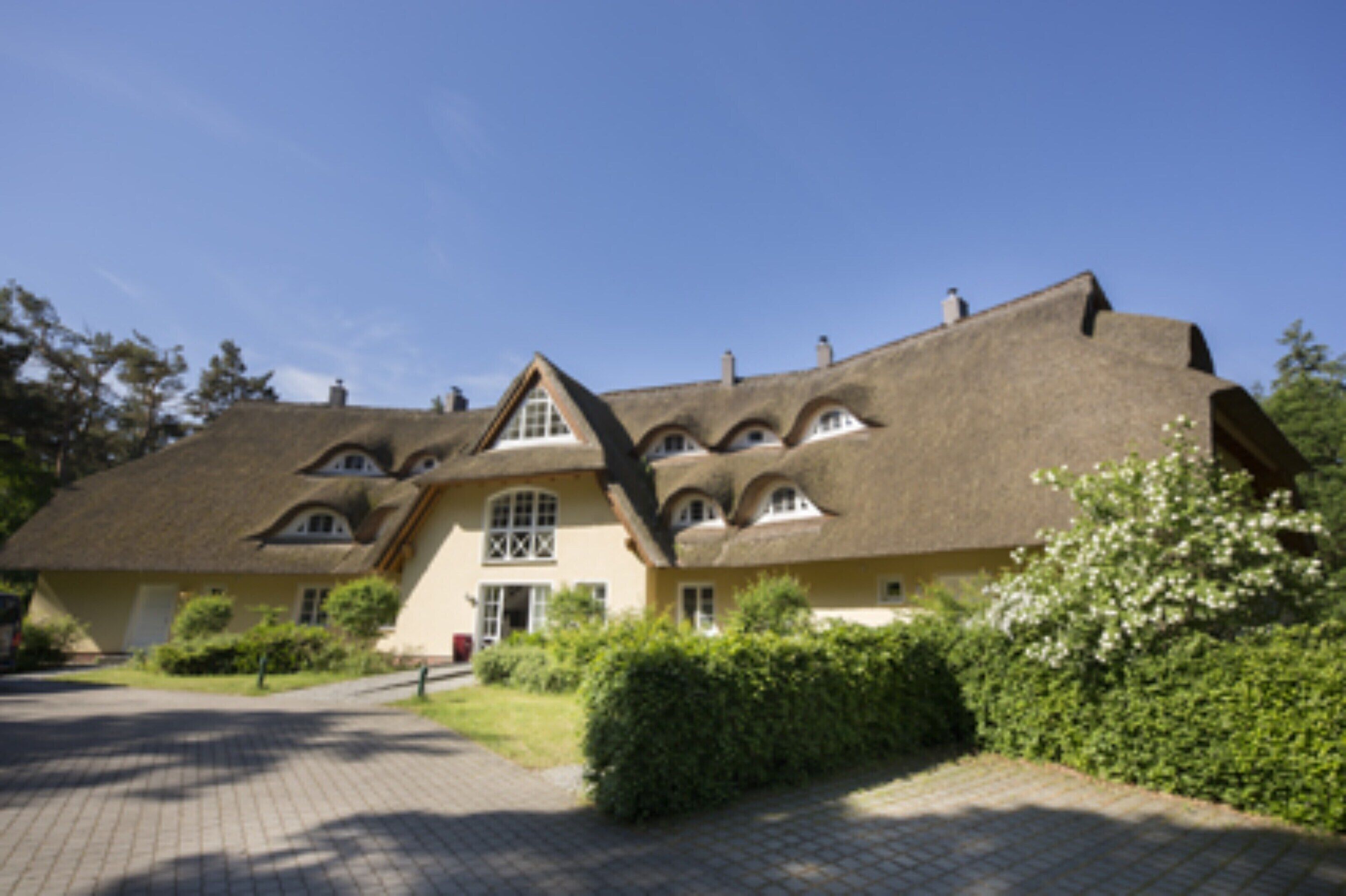 Une maison traditionnelle avec un toit de chaume, plusieurs cheminées et une entrée centrale.