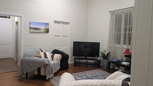 Un salon avec un canapé, un téléviseur, un tapis et une porte.
