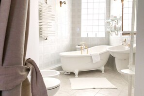 Shower, jetted tub, free toiletries, hair dryer