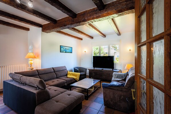 Fireplace, table tennis, books