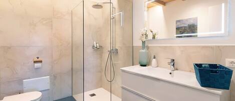 Shower, hair dryer, towels, soap