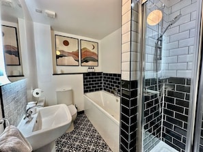 Shower, hair dryer, towels