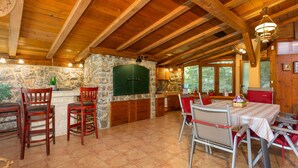 A rustic kitchen with stone walls, wooden beams, and a dining area with chairs and a table.