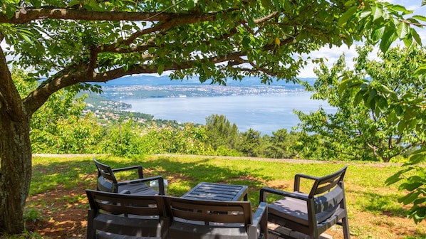 Un banc et une table placés sous un arbre, d’où l’on a vue sur un lac et sur le paysage urbain.