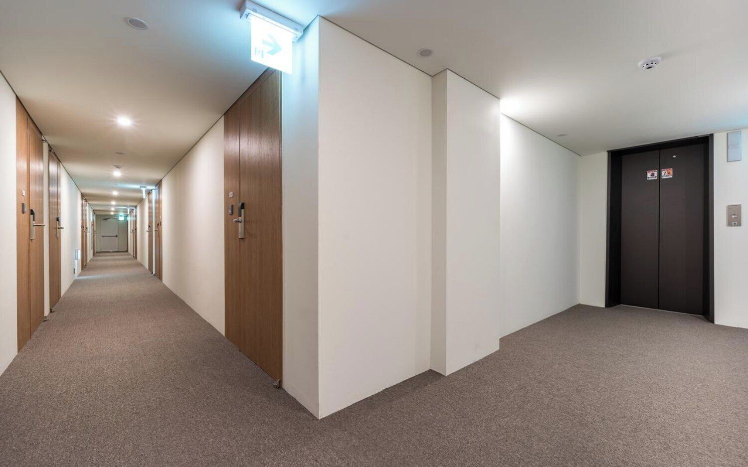 A hotel corridor with carpeted floors, wooden doors, and a black elevator.