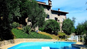 Piscina con borde de piedra, rodeada de follaje y un muro de piedra.