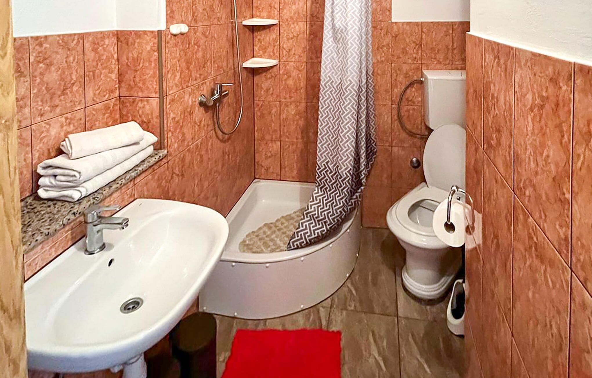 Une petite salle de bain comprenant un lavabo, des toilettes et une douche.
