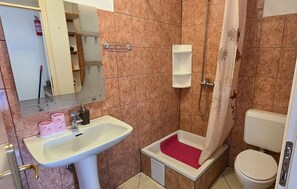 Une salle de bain avec un lavabo, une douche et des toilettes.