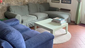 A living room with a stone wall, a grey sofa, a blue sofa, and a coffee table with books. There are posters on the wall and a lamp. - Detached house in the middle of the Tuscan chestnut forest (Arcidosso)