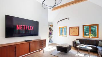 Smart TV, fireplace, video games, DVD player