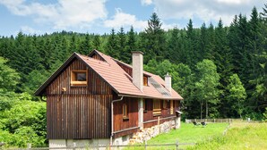 A rustic wooden cabin with a sloped roof and chimney, surrounded by lush greenery and a forested backdrop.