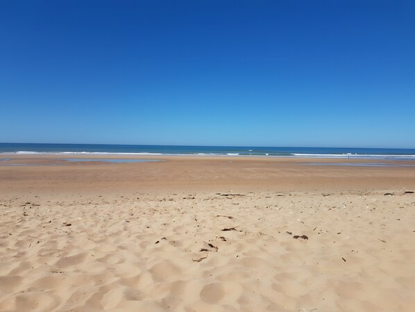 A sandy beach with footprints and a clear blue sky.