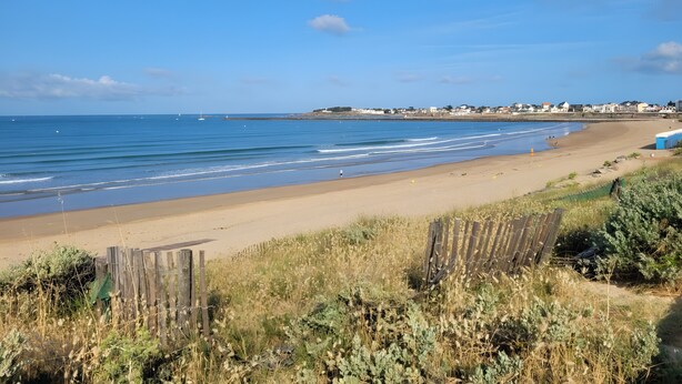 Une plage bordée d’une clôture en bois, avec une zone herbeuse et, au loin, une côte où se trouvent des bâtiments.
