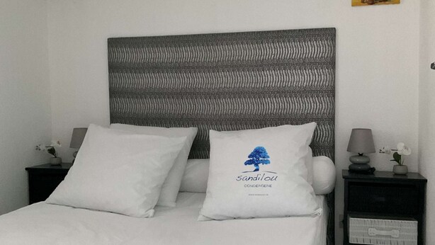 A bed with white bedding, a grey patterned headboard, and two bedside tables with lamps and small potted plants.