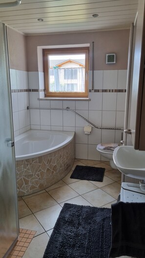 Hair dryer, towels, soap, toilet paper