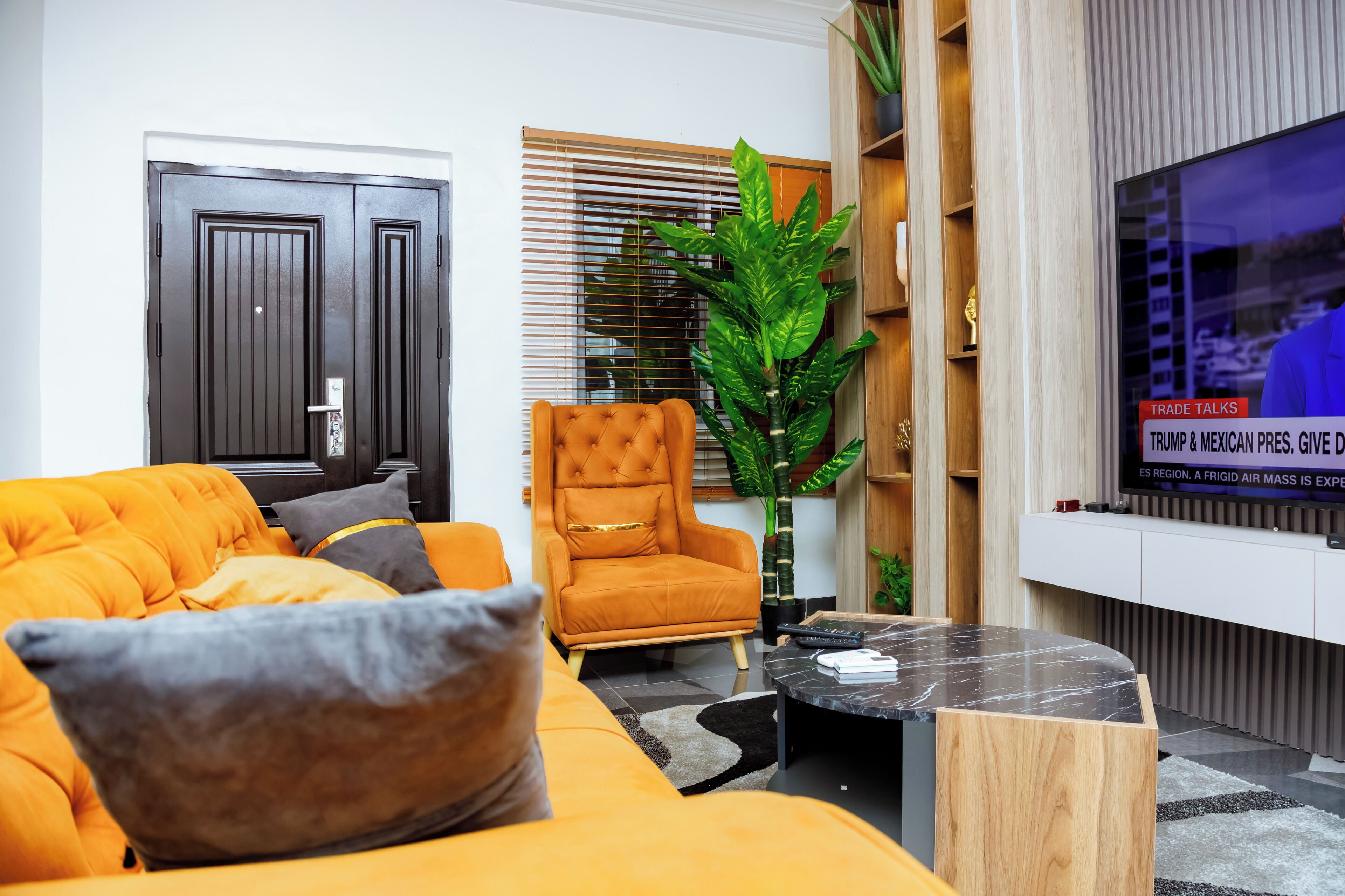 A modern living room with a sofa, armchair, and a large plant.