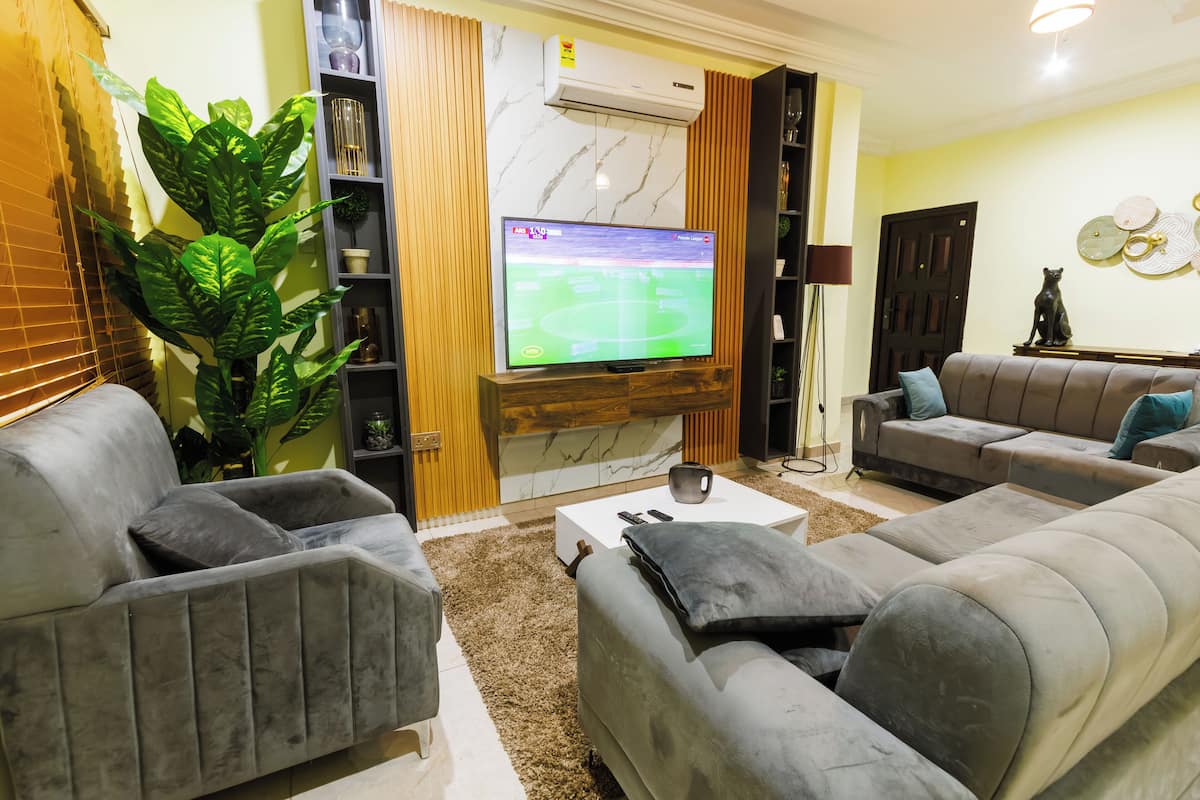 A living room with grey sofas, a TV, a large green plant, and a marble fireplace.