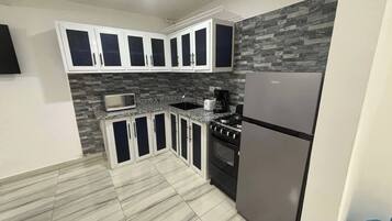 Fridge, microwave, stovetop, coffee/tea maker