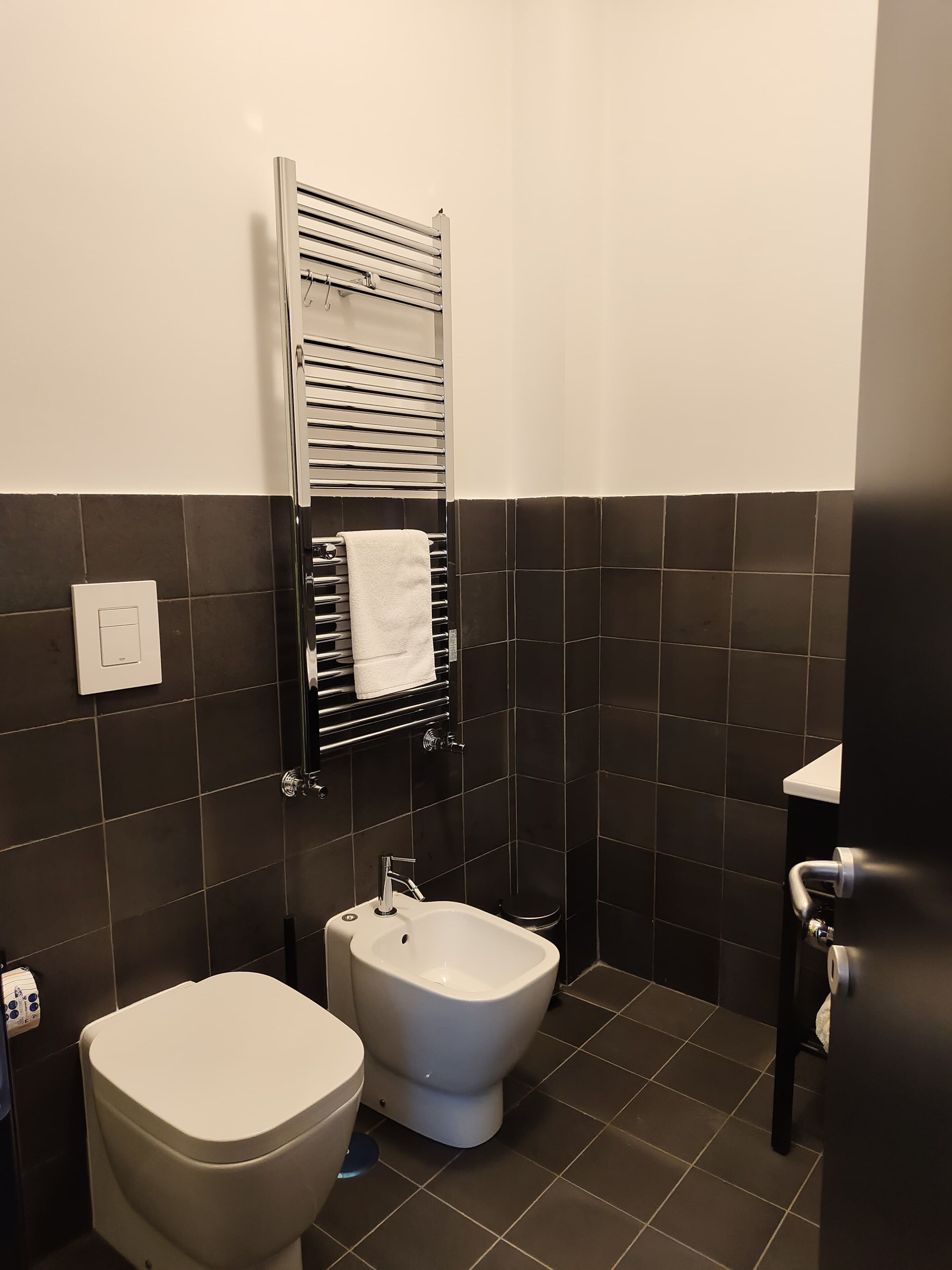 A bathroom with a toilet, bidet, and towel rack.