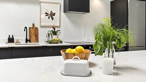 A modern kitchen with a white countertop, a black range hood, a stainless steel refrigerator, and a potted plant. - The Warehouse, Clifden Modern and elegant (Clifden)