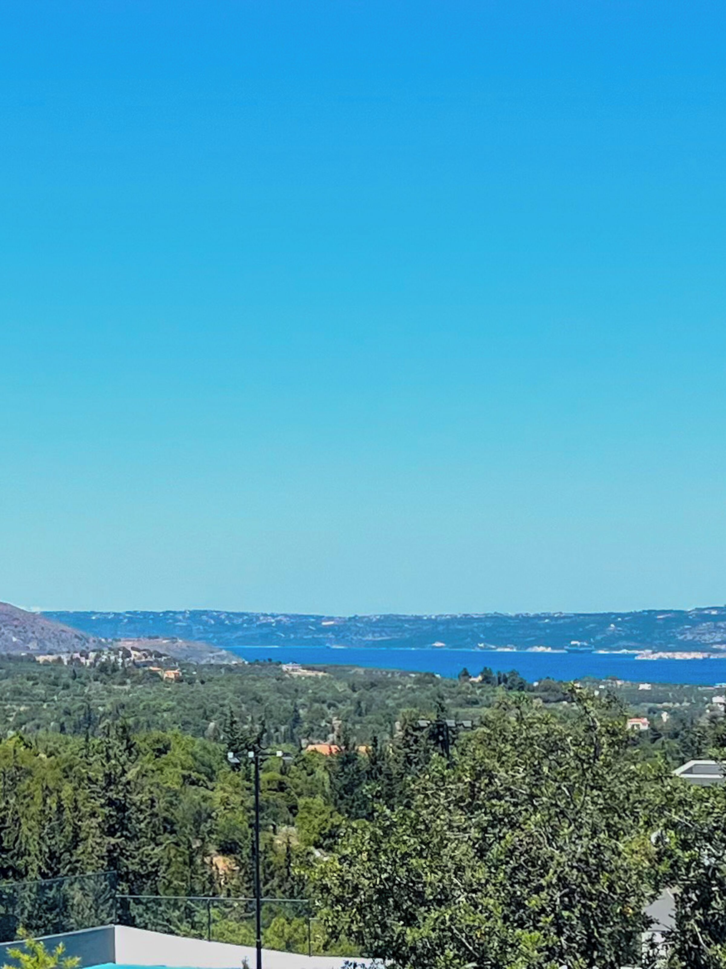 En vy över ett kustlandskap med en klar himmel, tät vegetation och en vattenyta i fjärran.