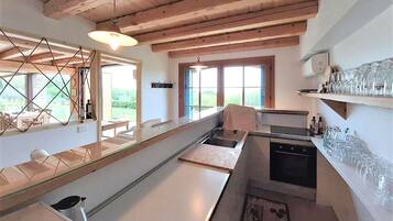 Fridge, microwave, oven, stovetop