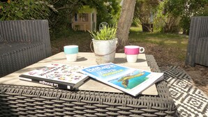 A table with a magazine, a plant, and two cups.