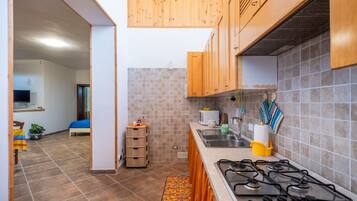 Kühlschrank, Mikrowelle, Herdplatte, Kochgeschirr/Geschirr/Besteck