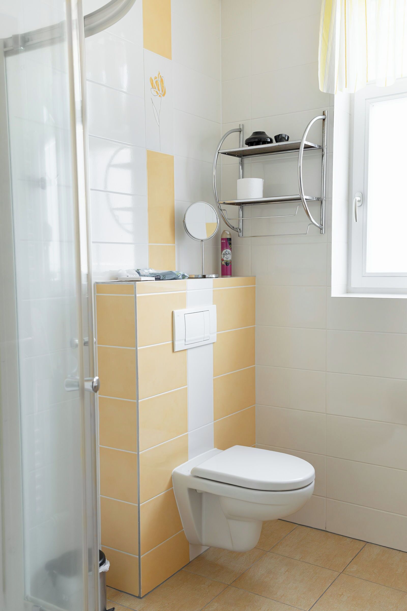 A bathroom with a toilet, a shower, and a shelf with toiletries.