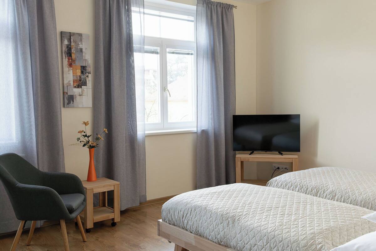 A room with a bed, a chair, a TV, a small table with a vase, and a window with curtains.