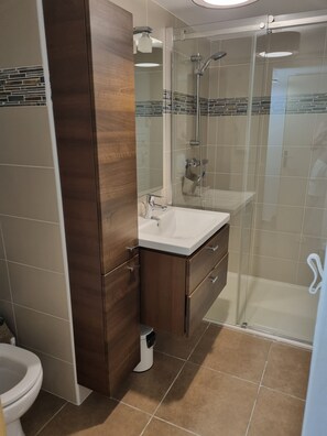 Shower, hair dryer, towels, soap
