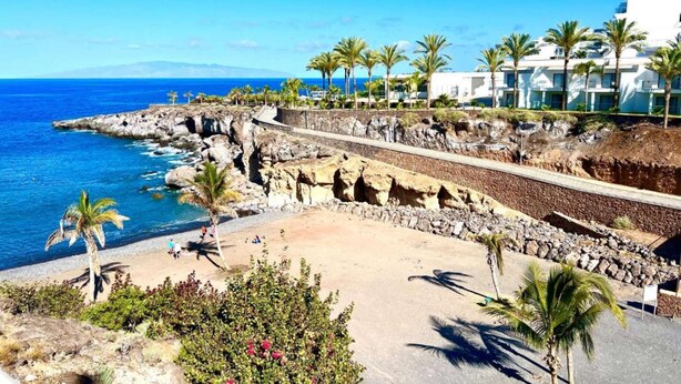 A coastal hotel with a rocky shoreline, palm trees, and a clear view of the ocean. - Sol Paraiso 2 bedrooms apartment (Adeje)