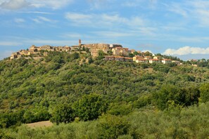 Un pueblo en una ladera con arquitectura tradicional, una torre destacada y abundante vegetación.