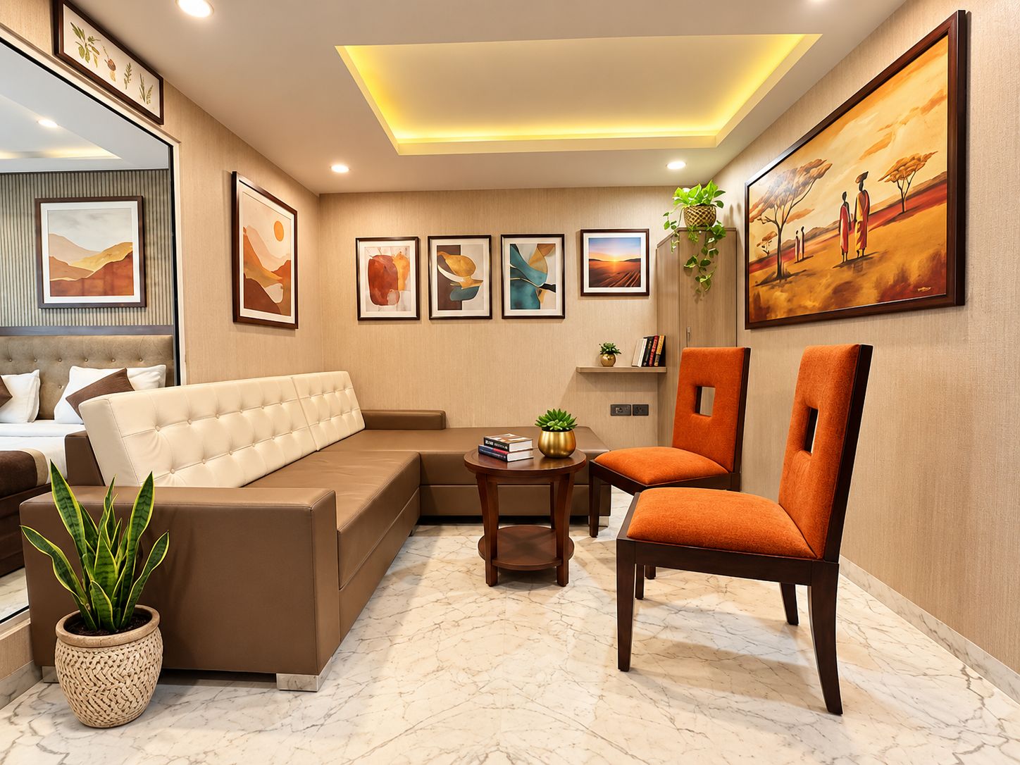 Una sala de estar moderna con un sofá, un sillón y una mesita de centro.