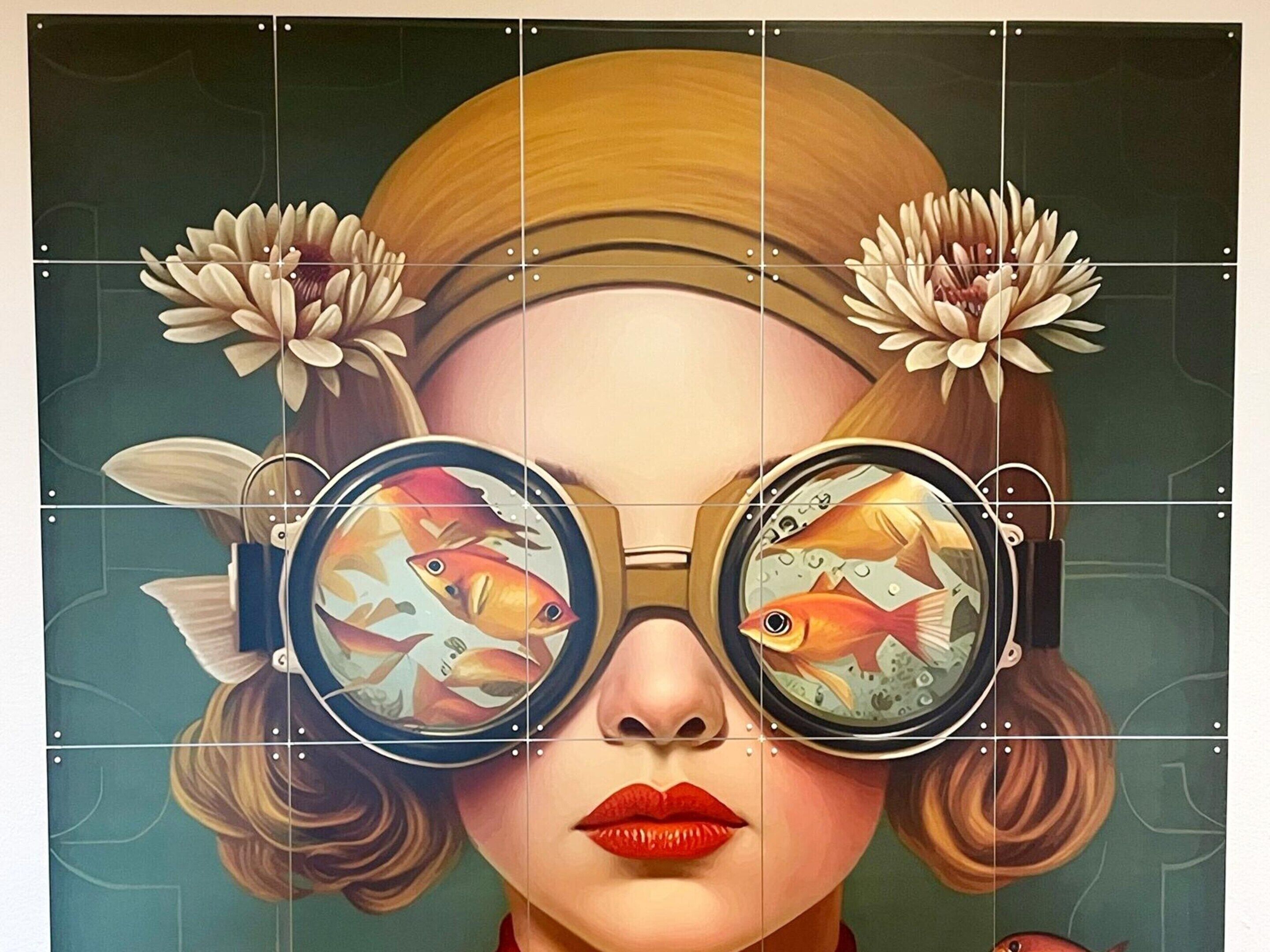 A person with a magnifying glass, fish, and flowers.