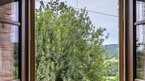 A window with a view of a tree and a brick wall. - Pociano 1863 (Monteroni d'Arbia)